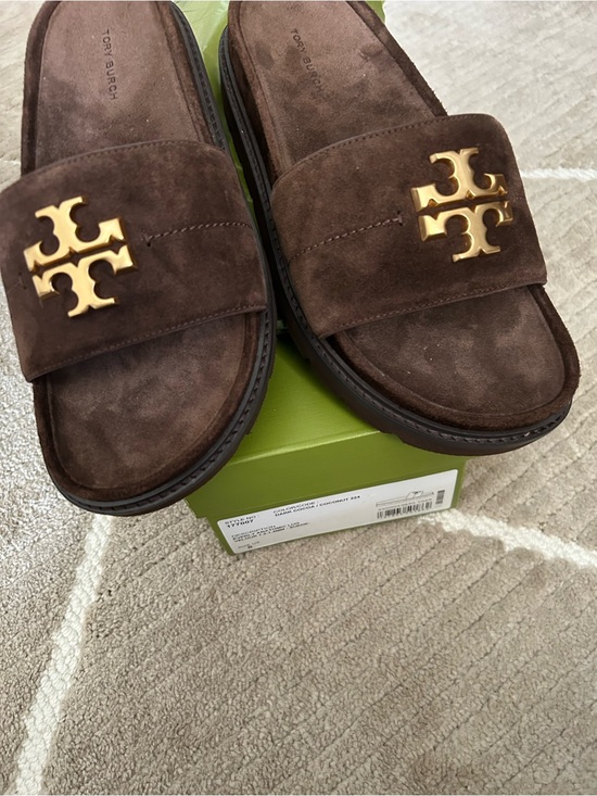 Tory Burch Shoes - Tory Burch Brown Suede Slide Sandals with Gold Logo Accent